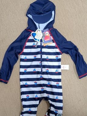 Kids Navy & White Striped Hooded Swim Suit with Sailboat Print